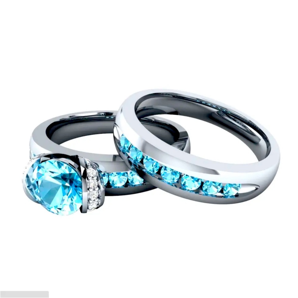 New 925 Sterling Silver Aquamarine 2pc Ring Set